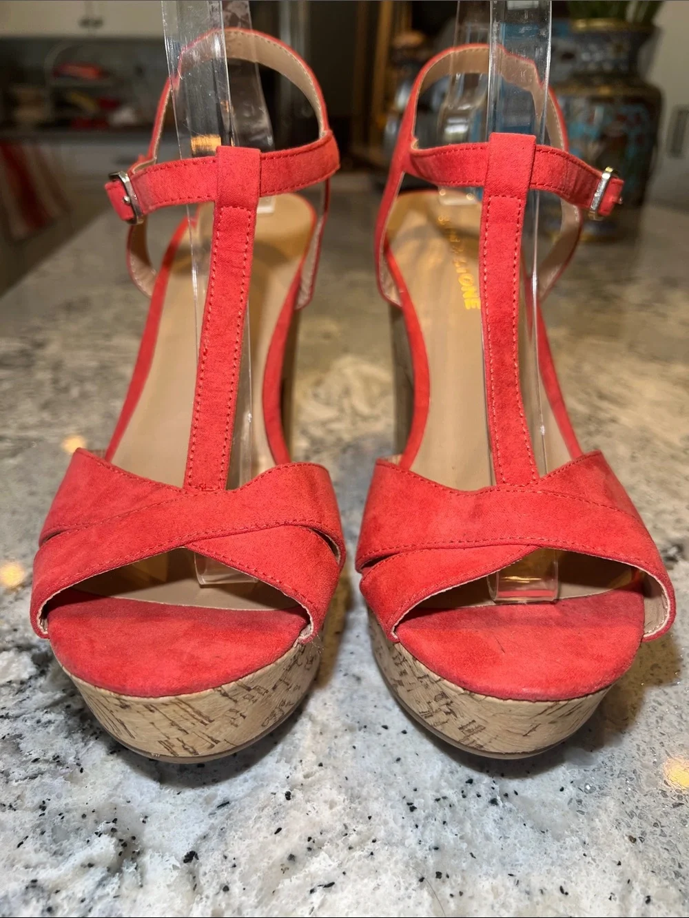 SUN + STONE Jamie T-Strap Platform Sandals Red Coral Cork Block Heel Size 9.5